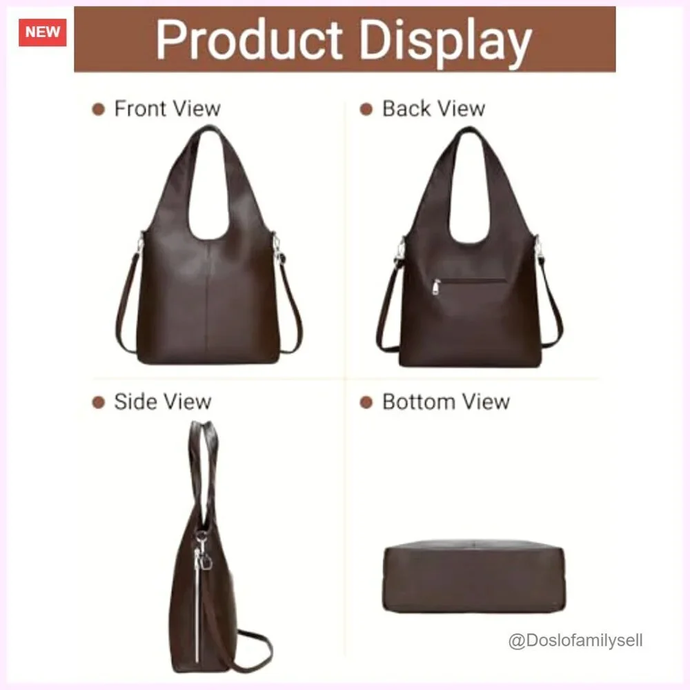 Large Vegan Leather Hobo Tote with Adjustable Strap, Multiple Pockets